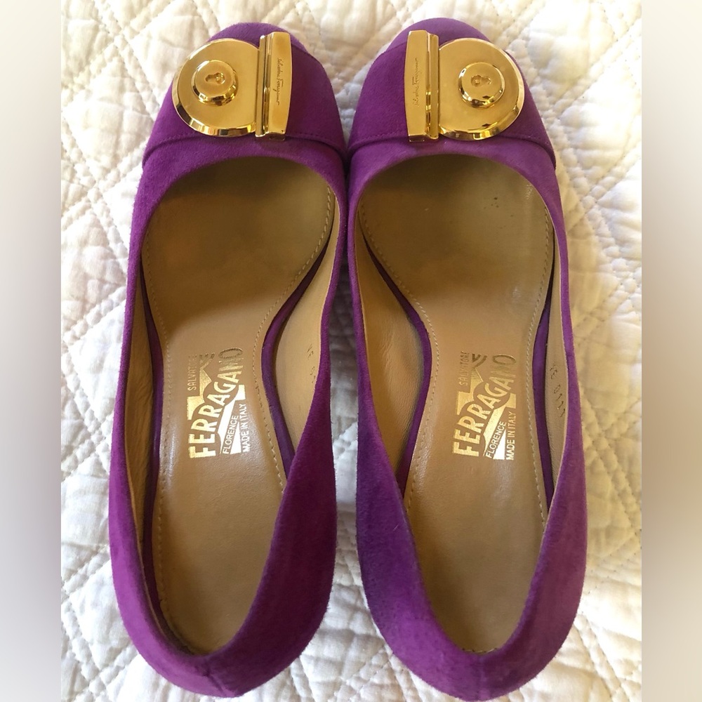 Salvatore Ferragamo Purple Heels with Gold Accents EUC - Picture 5 of 16